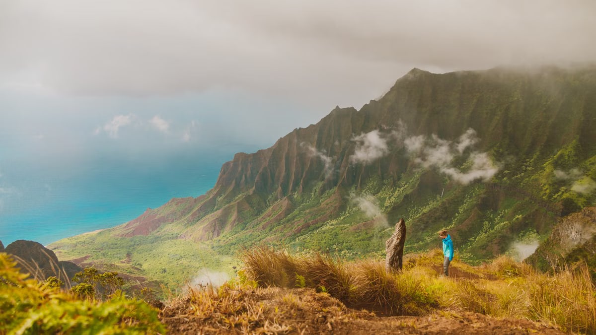 Hiker gazing over the misty Na Pali Coast in Kauai, Hawaii, capturing adventure and nature's beauty.